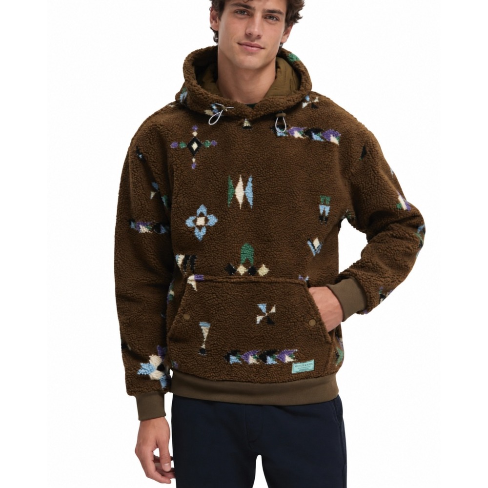 Scotch & Soda Printed Teddy Sherpa Jacquard Hoodie Brown Geometric Large NWT